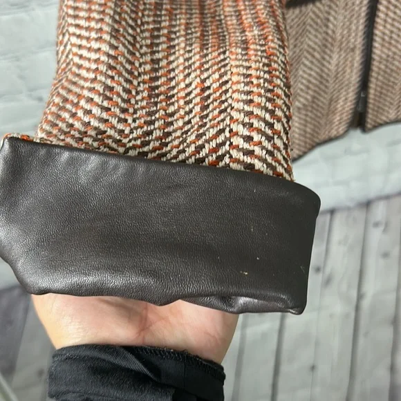Doncaster tweed brown and orange silk blend blazer with leather trim Sz 4 - Picture 6 of 8